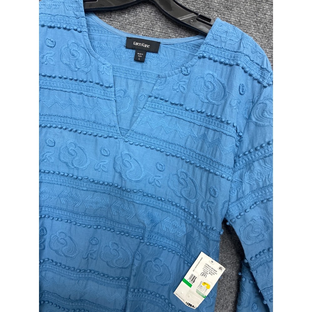 Karen Kane Embroidered Tunic Blue Pom Pom Top Large NWT